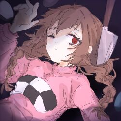 Rule 34 | absurdres, arm up, blurry, braid, brown hair, dutch angle, egg, empty eyes, eyelashes, eyes visible through hair, hair over shoulder, highres, knife, long hair, long sleeves, lying, madotsuki, messy hair, moi imo7, on back, one eye closed, open mouth, planted, planted knife, planted weapon, puffy long sleeves, puffy sleeves, raised eyebrows, red eyes, sweater, turtleneck, turtleneck sweater, twin braids, twintails, upper body, vignetting, weapon, yume nikki
