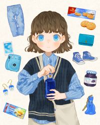 Rule 34 | 1girl, bag, black hair, blue eyes, blue shirt, blue theme, blush, bottle, camera, closed mouth, cookie, denim, earrings, female focus, food, german flag, german text, highres, jam, jar, jeans, jewelry, charm (object), looking at viewer, original, pants, shirt, shoes, shoulder bag, solo, striped clothes, striped shirt, sumika inagaki, sweater vest, tea