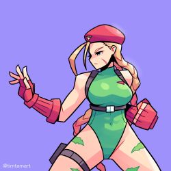 Rule 34 | 1girl, bare legs, blonde hair, blue eyes, braid, braided ponytail, breasts, cammy white, closed mouth, eyebrows, fighting stance, fingerless gloves, gloves, green leotard, hat, highres, leotard, long hair, pale skin, purple background, serious, skin tight, street fighter, street fighter iv (series), street fighter v, tattoo, thighs, timtam