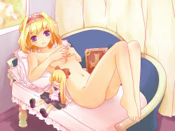 Rule 34 | 2girls, alice margatroid, barefoot, blonde hair, book, breasts, casual nudity, couch, covering privates, covering breasts, doll, feet, female focus, lanwee, long hair, lying, multiple girls, nude, nude cover, on back, purple eyes, shanghai doll, short hair, touhou