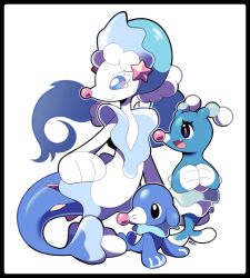 Rule 34 | :d, artsy-rc, black border, border, brionne, closed mouth, creatures (company), evolutionary line, fang, game freak, gen 7 pokemon, highres, nintendo, no humans, open mouth, own hands together, pokemon, pokemon (creature), popplio, primarina, signature, simple background, smile, white background