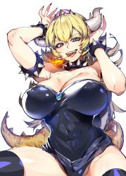 Rule 34 | 1girl, absurdres, armlet, bad id, bad twitter id, bare shoulders, black legwear, blonde hair, blue eyes, bowsette, bracelet, breasts, breath weapon, breathing fire, cleavage, collar, covered erect nipples, crown, fire, highres, horns, huge breasts, jewelry, leotard, long hair, looking at viewer, mario (series), new super mario bros. u deluxe, nintendo, ponytail, shiny skin, solo, spiked armlet, spiked bracelet, spikes, spread legs, super crown, takaraizu, teeth, tongue, tongue out, turtle shell