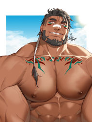 Rule 34 | 1boy, abs, artist name, bandaid, bandaid on face, bandaid on nose, bara, beard, biceps, black hair, chest tattoo, close-up, cloud, cloudy sky, dark-skinned male, dark skin, day, facial hair, facial tattoo, gomtang, large pectorals, looking at viewer, male focus, manly, mature male, messy hair, muscular, muscular male, nipples, original, pectorals, sky, smile, solo, sun, tattoo, teeth, thick arms, undercut, upper body, veins, veiny arms, yellow eyes