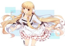 Rule 34 | 00s, 1girl, :d, blonde hair, brown eyes, chii, chobits, dress, ello, frilled dress, frills, hair tubes, leaning forward, long hair, looking at viewer, open mouth, robot ears, simple background, smile, solo, very long hair
