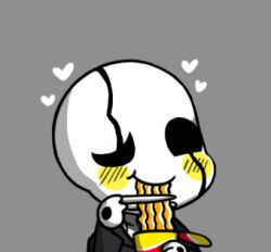 Rule 34 | 1boy, bad id, bad pixiv id, blush, chibi, chopsticks, colored skin, cup ramen, eating, grey background, gyate gyate, heart, lowres, male focus, portrait, ribbed sweater, simple background, solo, sweater, turtleneck, undertale, uneven eyes, upper body, w.d. gaster, white skin, yaruky