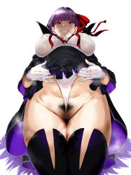 Rule 34 | 1girl, absurdres, bad id, bad pixiv id, bb (fate), bb (fate/extra), blush, boots, breasts, cleft of venus, fate/extra, fate/extra ccc, fate (series), female pubic hair, from below, frontal wedgie, gloves, grin, groin, hair ribbon, hero neisan, highres, large breasts, lifting own clothes, long hair, looking at viewer, pubic hair, purple eyes, purple hair, pussy juice, red ribbon, ribbon, simple background, smile, solo, thigh boots, thighhighs, very long hair, wedgie, white background, white gloves