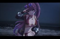 Rule 34 | 1girl, arm up, bikini, bikini under clothes, black jacket, breasts, cherre, cleavage, cowboy shot, earrings, eyewear on head, gluteal fold, groin, hand on own hip, heart, heart earrings, heart necklace, heterochromia, highres, hololive, horizon, houshou marine, houshou marine (summer), jacket, jewelry, large breasts, leaning forward, letterboxed, long hair, long sleeves, looking at viewer, necklace, night, night sky, ocean, open clothes, open jacket, orange eyes, parted lips, pink-tinted eyewear, ponytail, purple hair, red bikini, red eyes, salute, sky, smile, solo, star (sky), starry sky, sunglasses, swimsuit, tinted eyewear, very long hair, virtual youtuber, water, yellow-framed eyewear