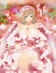 Rule 34 | 1girl, bath, bathing, bathtub, between breasts, bottle, bow, breasts, brown hair, bubble, candle, cleavage, completely nude, convenient censoring, cream, curly hair, fire, fire, floating breasts, flower, green eyes, hair bow, haruka (senran kagura), highres, large breasts, light brown hair, looking at viewer, nude, official art, one eye closed, open mouth, partially submerged, petals, petals on liquid, pink bow, plant, potted plant, red flower, red rose, rose, rose petals, senran kagura, senran kagura new link, senran kagura shoujo-tachi no shin&#039;ei, short hair, smile, soap bottle, soap bubbles, soap censor, solo, tile wall, tiles, towel, towel on head, water, white flower, white rose, yaegashi nan