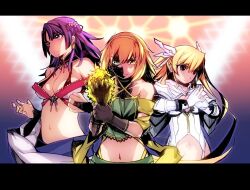 3girls black_gloves blonde_hair breasts bridal_gauntlets character_request cleavage cleavage_cutout clothing_cutout commentary_request fingerless_gloves flat_chest frown gloves glowing_fist hairband large_breasts letterboxed long_hair midriff multiple_girls nagy navel orange_eyes orange_hair orange_hairband pink_eyes purple_hair ring_dream serious smile v-shaped_eyebrows white_gloves yellow_eyes