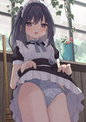 Rule 34 | 1girl, :d, absurdres, black eyes, black hair, blue panties, blush, breath, broom, fang, flat chest, heart, heart-shaped pupils, highres, lifted by self, lingerie, looking at viewer, maid, medium hair, open mouth, original, oumiya hinari, panties, ribbon, skin fang, skirt, smile, solo, solo focus, sweat, sweatdrop, symbol-shaped pupils, thighs, underwear
