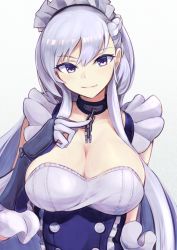 Rule 34 | 1girl, azur lane, belfast (azur lane), blue eyes, braid, breasts, chain, cleavage, collar, dress, gloves, grey background, hair between eyes, hand on own chest, highres, large breasts, long hair, looking at viewer, maid headdress, marshall k, sidelocks, silver hair, simple background, smirk, solo, upper body, white gloves