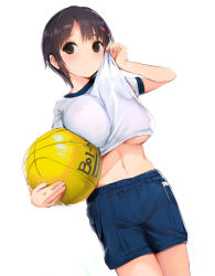 Rule 34 | 1girl, bad id, bad pixiv id, ball, basketball, basketball (object), black hair, blue shirt, breast press, breasts, brown eyes, closed mouth, clothes lift, covered erect nipples, dot mouth, gym uniform, hair ornament, hairclip, holding, holding ball, large breasts, legs together, lifted by self, looking at viewer, midriff, navel, original, shirt, shirt lift, short hair, short sleeves, simple background, solo, standing, stomach, sweat, underboob, white background, white shirt, wiping sweat, yaegashi nan