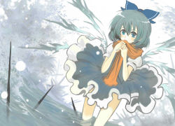 Rule 34 | 1girl, blue dress, blue eyes, blue hair, bow, cirno, cirno-nee, dress, hair between eyes, hair bow, ice, ice wings, matching hair/eyes, multiple wings, perfect cherry blossom, sasurai susuki, scarf, short hair, snow, solo, touhou, wings