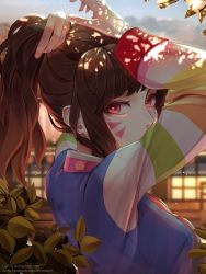 Rule 34 | 1girl, absurdres, alternate eye color, alternate hairstyle, architecture, arms up, autumn leaves, branch, breasts, brown hair, building, covered mouth, cyfrus, d.va (overwatch), dappled sunlight, day, east asian architecture, facepaint, facial mark, from side, hair ornament, hanbok, hands in hair, highres, korean clothes, long hair, long sleeves, looking at viewer, looking to the side, medium breasts, official alternate costume, outdoors, overwatch, overwatch 1, palanquin d.va, portrait, rabbit hair ornament, red eyes, shade, solo, striped, striped sleeves, sunlight, tying hair, watermark, web address, whisker markings