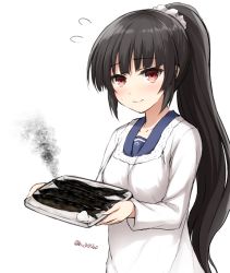 Rule 34 | 10s, 1girl, alternate hairstyle, apron, black hair, breasts, burn, burnt, don (29219), fish, flying sweatdrops, food, hair ornament, high ponytail, isokaze (kancolle), kantai collection, kappougi, long hair, looking at viewer, ponytail, red eyes, scrunchie, simple background, smile, solo, twitter username, white background