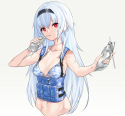 Rule 34 | 1girl, ammunition pouch, bare shoulders, black hairband, blue bra, blue hair, bra, breasts, camouflage, camouflage bra, cleavage, collarbone, commentary request, drink, drink pouch, drinking, drinking straw, drinking straw in mouth, girls&#039; frontline, giving, hair between eyes, hairband, holding, holding drink, incoming drink, ingerdoll, load bearing equipment, long hair, looking at viewer, medium breasts, navel, pouch, red eyes, scar, scar on arm, scar on neck, scar on stomach, solo, tactical clothes, thunder (girls&#039; frontline), underwear, upper body, very long hair, white hair