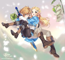 Rule 34 | 1boy, 1girl, blonde hair, blue eyes, blush, braid, breasts, carrying, earrings, gloves, green eyes, holding, jewelry, jumping, lazoomaiga, link, long hair, nintendo, open mouth, pointy ears, princess carry, princess zelda, smile, sword, the legend of zelda, the legend of zelda: breath of the wild, weapon