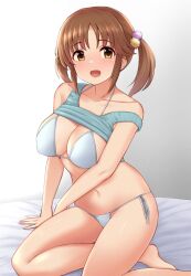 Rule 34 | 1girl, arm support, bare shoulders, bikini, blue shirt, blush, breasts, brown eyes, brown hair, cleavage, clothes pull, collarbone, dot nose, gradient background, hair ornament, highres, idolmaster, idolmaster cinderella girls, idolmaster cinderella girls starlight stage, large breasts, long hair, looking at viewer, navel, on bed, open mouth, pom pom (clothes), pom pom hair ornament, shirt, shirt pull, side-tie bikini bottom, sitting, smile, solo, strap slip, swimsuit, tomajiyama, totoki airi, twintails, white shirt, yokozuwari