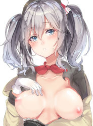 Rule 34 | 10s, 1girl, bad id, bad pixiv id, blue eyes, blush, bow, bowtie, breasts, breasts apart, gloves, highres, kantai collection, kashima (kancolle), large breasts, long hair, looking at viewer, nipples, silver hair, sketch, solo, takitou, twintails, upper body, wavy hair, white gloves
