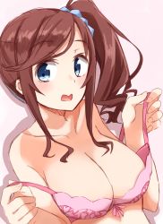 Rule 34 | 1girl, bad id, bad pixiv id, bare shoulders, blue eyes, blush, bra, breasts, brown hair, character request, cleavage, closed eyes, collarbone, high school fleet, highres, ise sakura, kapatarou, long hair, looking at viewer, medium breasts, pink background, pink bra, pulled by self, side ponytail, simple background, solo, strap pull, swept bangs, tareme, underwear, underwear only, undressing, upper body, wavy mouth