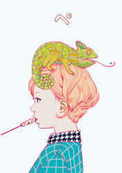 Rule 34 | 1girl, animal, animal on head, bug, candy, chameleon, collared shirt, fly, food, from side, houndstooth, insect, lollipop, looking ahead, mouth hold, negiusagi, on head, original, pink hair, profile, shirt, short hair, swept bangs, swirl lollipop, wavy hair