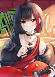 Rule 34 | &gt;:(, 1girl, absurdres, ahoge, bang dream!, black bra, black choker, black hair, black jacket, bra, chain, chain necklace, choker, collarbone, commentary request, electric guitar, graffiti, guitar, highres, holding, holding plectrum, hood, hood down, hooded jacket, instrument, jacket, jewelry, korean commentary, looking at viewer, mitake ran, multicolored hair, necklace, off shoulder, paint stains, plectrum, red eyes, red hair, red tank top, short hair, shoulder tattoo, single strap, solo, streaked hair, tank top, tattoo, underwear, upper body, yanggang