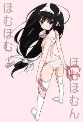 Rule 34 | 10s, 1girl, akemi homura, ass, back, black hair, breasts, check translation, ekusiregaia, feet, long hair, looking at viewer, looking back, low-tied long hair, mahou shoujo madoka magica, mouth hold, no shoes, object on head, panties, panties in mouth, panties on breasts, panties on head, pink background, purple eyes, ribbon, sideboob, small breasts, solo, striped clothes, striped panties, text focus, thighhighs, translated, translation request, underwear, white thighhighs