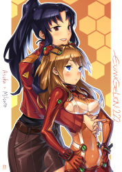 Rule 34 | 00s, 23 (real xxiii), 2girls, alternate hairstyle, blue eyes, blue hair, blush, bodysuit, brown hair, evangelion: 2.0 you can (not) advance, grin, hands on own hips, height difference, highres, hug, hug from behind, jacket, katsuragi misato, long hair, multicolored clothes, multiple girls, neon genesis evangelion, own hands clasped, own hands together, plugsuit, ponytail, rebuild of evangelion, red eyes, size difference, skin tight, skirt, smile, souryuu asuka langley, sweatdrop, test plugsuit, yuri