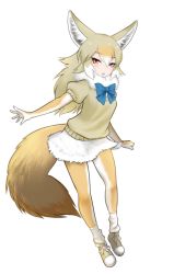 Rule 34 | 10s, 1girl, :o, animal ear fluff, animal ears, blue bow, blue bowtie, blush, bow, bowtie, elbow gloves, full body, fur collar, gloves, golden jackal (kemono friends), grey hair, ise (0425), jackal ears, jackal tail, kemono friends, looking at viewer, multicolored hair, outstretched arm, pantyhose, puffy short sleeves, puffy sleeves, red eyes, short sleeves, simple background, skirt, solo, standing, two-tone gloves, two-tone hair, two-tone legwear, white background, white hair, white skirt
