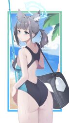 Rule 34 | absurdres, animal ear fluff, animal ears, ass, bag, beach, black one-piece swimsuit, blue archive, blue eyes, blue sky, breasts, cloud, competition swimsuit, cross hair ornament, extra ears, fishing rod, from behind, grey hair, hair ornament, halo, highres, horizon, low ponytail, medium breasts, medium hair, mismatched pupils, multicolored clothes, multicolored swimsuit, nezumii, ocean, official alternate costume, one-piece swimsuit, palm tree, shiroko (blue archive), shiroko (swimsuit) (blue archive), sky, swimsuit, tree, wolf ears