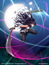 Rule 34 | 1girl, adsouto, black bow, black footwear, black hair, black pantyhose, blake belladonna, blurry, blurry background, blush, bow, broken moon, cleaver, closed mouth, coattails, falling, forest, hair bow, highres, katana, pantyhose under shorts, long hair, midriff, moon, motion lines, nature, night, pantyhose, rwby, shirt, shorts, sleeveless, sleeveless shirt, solo, sword, weapon, yellow eyes