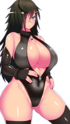 Rule 34 | 1girl, aqua eyes, black gloves, black hair, black one-piece swimsuit, black thighhighs, breasts, cleavage, elbow gloves, female focus, fingerless gloves, front zipper swimsuit, gloves, groin, hair over one eye, highres, large breasts, long hair, meme attire, one-piece swimsuit, original, simple background, solo, souma (ordures), swimsuit, thighhighs, unzipped, very long hair, zipper