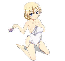 Rule 34 | 10s, 1girl, barefoot, blonde hair, blue eyes, braid, breasts, casual one-piece swimsuit, collarbone, covering privates, covering breasts, cup, darjeeling (girls und panzer), frilled swimsuit, frills, full body, girls und panzer, holding, holding clothes, kneeling, long hair, nanashino, one-piece swimsuit, simple background, solo, sweat, swimsuit, tea, teacup, untied, white background, white one-piece swimsuit