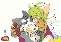 Rule 34 | 1girl, 2boys, alcohol, animal ears, beer, blush stickers, drunk, gloves, green hair, heart (mad rat dead), highres, hole on body, leotard, mad rat, mad rat dead, mouse (animal), mouse ears, mouse girl, mouse tail, multiple boys, nippon ichi, rat god, red eyes, socco, stitches, tail, wings, wrist cuffs