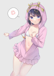 Rule 34 | 168 azusa, 1girl, :t, absurdres, anger vein, black hair, blush, breasts, cleavage, collarbone, commentary request, cowboy shot, highres, hood, hooded jacket, jacket, karasuma fran, long sleeves, looking at viewer, navel, open clothes, open jacket, pink jacket, pout, purple eyes, short hair, small breasts, solo, spoken anger vein, standing, toaru majutsu no index, toaru majutsu no index: new testament