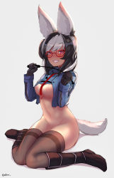 Rule 34 | 1girl, :d, animal ears, artist name, black gloves, black hair, boots, bottomless, breasts, commentary, commission, ehrrr, english commentary, full body, glasses, gloves, grin, highres, knee boots, looking at viewer, medium breasts, medium hair, multicolored hair, navel, necktie, nipples, one side up, open mouth, original, red-framed eyewear, red eyes, red necktie, riding crop, sitting, smile, solo, streaked hair, tail, teeth, thighhighs, twitter username, two-tone hair, wariza, white hair