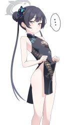 Rule 34 | ..., 1girl, absurdres, bare shoulders, black dress, black hair, blue archive, blush, breasts, butterfly hair ornament, china dress, chinese clothes, closed mouth, clothes lift, commentary, dragon print, dress, dress lift, grey eyes, grey halo, hair bun, hair ornament, halo, highres, kisaki (blue archive), lifted by self, long hair, looking at viewer, no panties, nonddu, pelvic curtain, print dress, simple background, sleeveless, sleeveless dress, small breasts, solo, sweatdrop, symbol-only commentary, twintails, white background