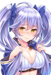 Rule 34 | 1girl, ahoge, alternate costume, blush, bow, braid, breasts, cape, cleavage, commentary request, crop top, embarrassed, grabbing another&#039;s hair, granblue fantasy, hair between eyes, hair bow, highres, large breasts, long hair, long sleeves, midriff, pink lips, silva (granblue fantasy), silver hair, simple background, smile, solo, tomo (tmtm mf mf), twin braids, twintails, upper body, very long hair, wavy hair, wavy mouth, yellow eyes