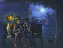 2girls basket bench black_cat black_hair boots candy cape cat food full_moon halloween halloween_costume hat jack-o&#039;-lantern moon multiple_girls night original outdoors pantyhose roten short_hair sitting town tree unworn_hat unworn_headwear wings witch_hat