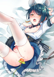 Rule 34 | 1boy, ahoge, anal, anal object insertion, animal ears, ass, blue hair, carrot, censored, earrings, genshin impact, highres, jewelry, kokuchuutei, leg up, male focus, male penetrated, mouse boy, mouse ears, nipples, object insertion, open clothes, open mouth, open shirt, pantyhose, penis, single earring, solo, testicles, thighhighs, trap, xingqiu (genshin impact), yaoi, yellow eyes