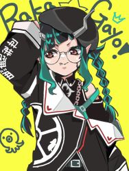 Rule 34 | 1girl, alternate costume, alternate hairstyle, beret, bespectacled, black hair, black hat, black jacket, blue hair, braid, closed mouth, clothes writing, clothing cutout, commentary request, cowboy shot, demon girl, demon horns, fang, fang out, flat chest, glasses, hat, horns, jacket, long hair, long sleeves, looking to the side, multicolored hair, nanashi inc., off shoulder, panyatteria, pointy ears, red eyes, round eyewear, shishio chris, shoulder cutout, solo, sugar lyric, twin braids, two-tone hair, virtual youtuber, yellow background