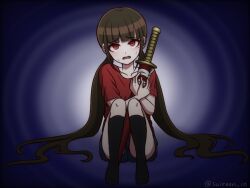 Rule 34 | 1girl, aged down, alternate costume, artist name, black socks, blush, brown hair, d:, danganronpa (series), danganronpa v3: killing harmony, harukawa maki, holding, holding sword, holding weapon, hugging object, kneehighs, knees up, long hair, low twintails, mole, mole under eye, multicolored background, no shoes, open mouth, red eyes, red shirt, sheath, sheathed, shirt, short sleeves, shorts, sitting, socks, suiren yurei, sweat, sword, twintails, weapon