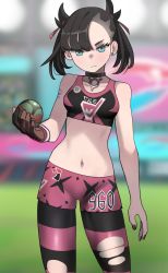 Rule 34 | 1girl, arm tattoo, asymmetrical bangs, bare shoulders, black choker, black hair, black nails, blue eyes, breasts, choker, closed mouth, collarbone, commentary, creatures (company), dusk ball, earrings, game freak, gloves, hair ribbon, hand up, highres, holding, holding poke ball, jewelry, jourd4n, looking at viewer, marnie (pokemon), midriff, nail polish, navel, nintendo, official alternate costume, pantyhose, poke ball, pokemon, pokemon swsh, ribbon, shorts, single glove, small breasts, solo, sports bra, standing, tattoo, torn clothes, torn pantyhose, twintails, undercut, wristband