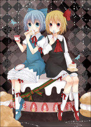Rule 34 | 2girls, bad id, bad pixiv id, blonde hair, blue eyes, blue hair, bow, bug, butterfly, cake, cirno, eating, embodiment of scarlet devil, food, hair bow, insect, mary janes, mia0309, miya0309, multiple girls, red eyes, red hair, rumia, shoes, socks, spoon, touhou