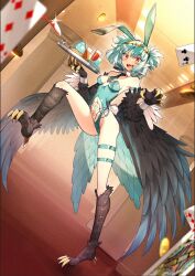 Rule 34 | 1girl, animal ears, bird legs, bird tail, black feathers, black necktie, black tail, black wings, blue hair, blue leotard, blue necktie, blue tail, blush, breasts, card, claws, clothing cutout, cluseller, coin, commentary request, commission, detached collar, egg, fake animal ears, fake tail, feathers, harpy, heart, heart tattoo, highleg, highleg leotard, highres, holding, holding tray, indie virtual youtuber, leotard, lincoro, looking at viewer, monster girl, navel, necktie, open mouth, playboy bunny, playing card, pointy ears, rabbit ears, red eyes, short hair, short necktie, short twintails, small breasts, solo, spilling, standing, standing on one leg, stomach cutout, stomach tattoo, striped necktie, tail, talons, tattoo, teeth, thigh strap, tiara, tray, twintails, two-tone tail, upper teeth only, virtual youtuber, white wrist cuffs, winged arms, wings, wrist cuffs