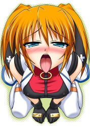 Rule 34 | 00s, artist request, blue eyes, gloves, hair ribbon, highres, kneeling, lyrical nanoha, mahou shoujo lyrical nanoha, mahou shoujo lyrical nanoha strikers, open mouth, orange hair, ribbon, sexually suggestive, short hair, short twintails, teana lanster, thighhighs, tongue, tongue out, twintails