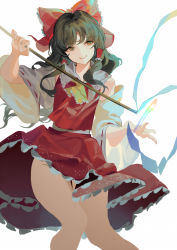 Rule 34 | 1girl, ascot, bare shoulders, bow, brown eyes, brown hair, closed mouth, detached sleeves, feet out of frame, frilled hair tubes, frills, gohei, hair bow, hair tubes, hakurei reimu, highres, holding, holding stick, knees together feet apart, long hair, looking at viewer, petticoat, red bow, red skirt, red vest, reeh (yukuri130), ribbon-trimmed sleeves, ribbon trim, sidelocks, simple background, skirt, skirt set, smile, solo, standing, stick, touhou, unconnected marketeers, vest, white background, wide sleeves, yellow ascot