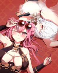 Rule 34 | 2girls, ;), adjusting eyewear, armpits, arms up, azur lane, bare shoulders, black dress, black nails, blush, bra, bra peek, braid, braided bun, breast curtains, breasts, bremerton (azur lane), bremerton (kung fu cruiser) (azur lane), bridal gauntlets, brown bra, china dress, chinese clothes, cleavage, commentary request, convenient censoring, double bun, dress, eyewear on head, grey dress, grey hair, hair between eyes, hair bun, hair intakes, hair ornament, hair ribbon, hand up, large breasts, long hair, looking at viewer, lying, mole, mole on breast, mole under eye, multicolored hair, multiple girls, nail polish, neckwear between breasts, official alternate costume, on back, on side, one eye closed, open mouth, pink eyes, pink hair, red-tinted eyewear, red background, red eyes, ribbon, round eyewear, see-through, short hair, sidelocks, sirius (azur lane), sirius (azure horizons) (azur lane), sleeveless, sleeveless dress, smile, strapless, strapless bra, streaked hair, sunglasses, teeth, tinted eyewear, two-tone hair, underwear, upper body, upper teeth only, white hair, yukiru akitera