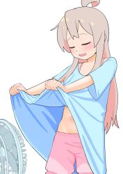 Rule 34 | 1girl, :d, absurdres, ahoge, blue dress, blush, bra strap, closed eyes, clothes lift, colored inner hair, commentary, dress, dress lift, electric fan, fanning self, genderswap, genderswap (mtf), grey hair, groin, happyundergate, highres, lifting own clothes, multicolored hair, navel, onii-chan wa oshimai!, open mouth, oyama mahiro, pink hair, pink shorts, short sleeves, shorts, simple background, smile, solo, two-tone hair, white background