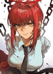 Rule 34 | 1girl, absurdres, arms behind back, black necktie, black pants, blood, braid, braided ponytail, breasts, chain, chainsaw man, collared shirt, commentary, english commentary, highres, long hair, looking at viewer, makima (chainsaw man), mato-c, medium breasts, necktie, office lady, pants, red hair, ringed eyes, shirt, shirt tucked in, sidelocks, solo, white background, white shirt, yellow eyes